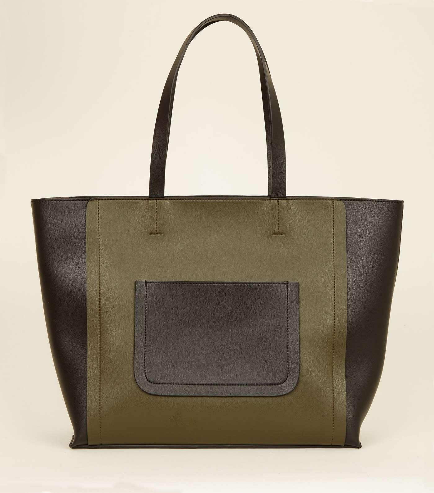 Khaki Leather-Look Colour Block Tote Bag