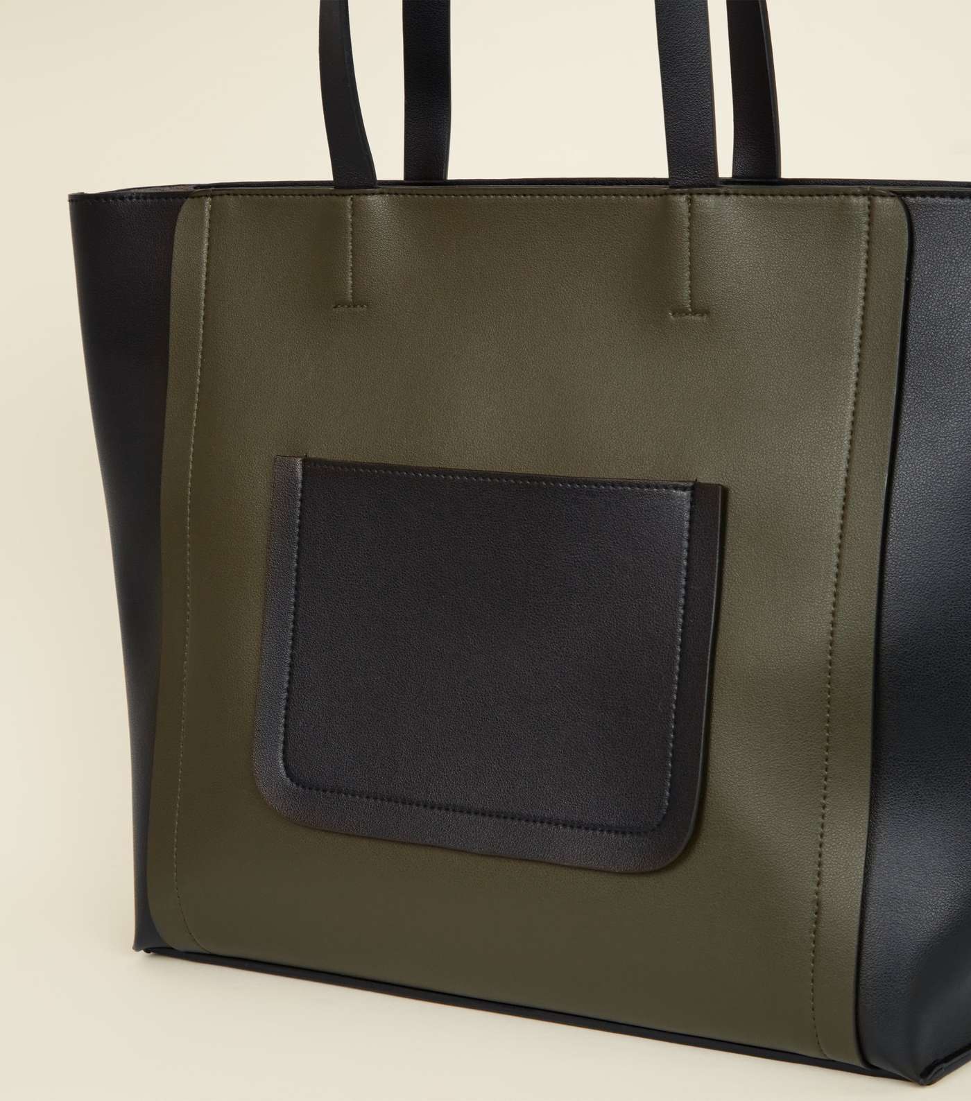 Khaki Leather-Look Colour Block Tote Bag Image 3