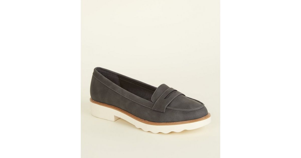 Grey Leather-Look Chunky Penny Loafers | New Look