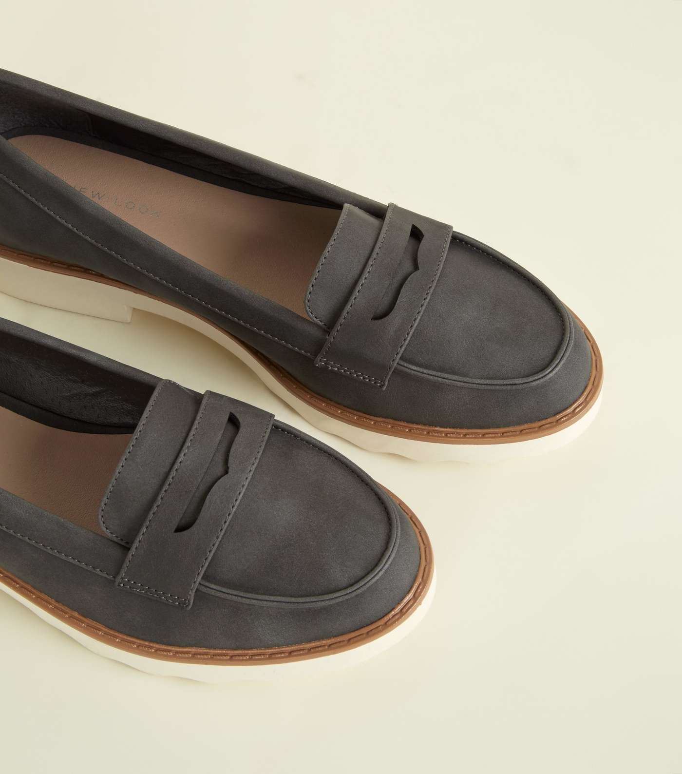 Grey Leather-Look Chunky Penny Loafers Image 4