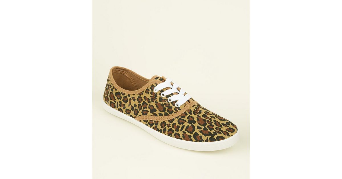 Stone Canvas Leopard Print Lace Up Trainers New Look