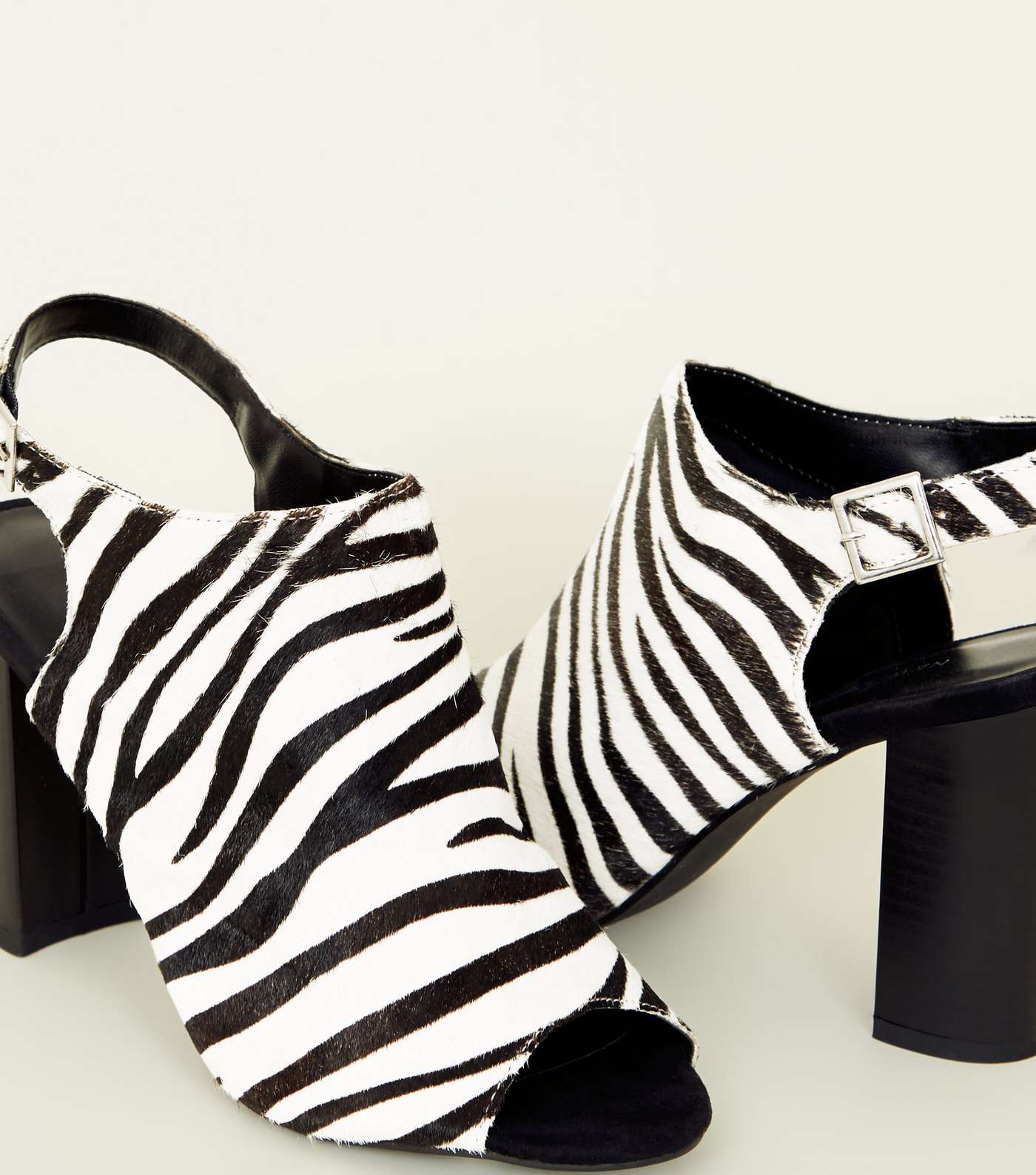 Black Leather Faux Pony Hair Zebra Print Heels Image 3
