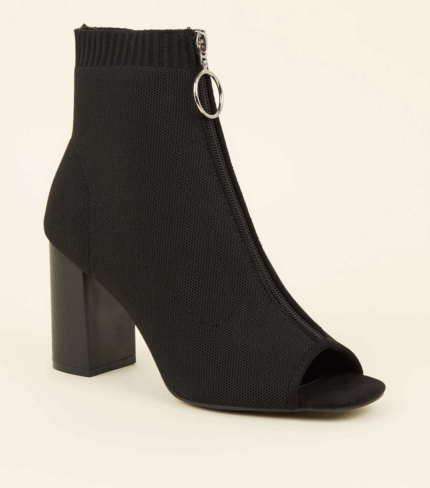 Black Knit Ring Zip Peep Toe Sock Boots