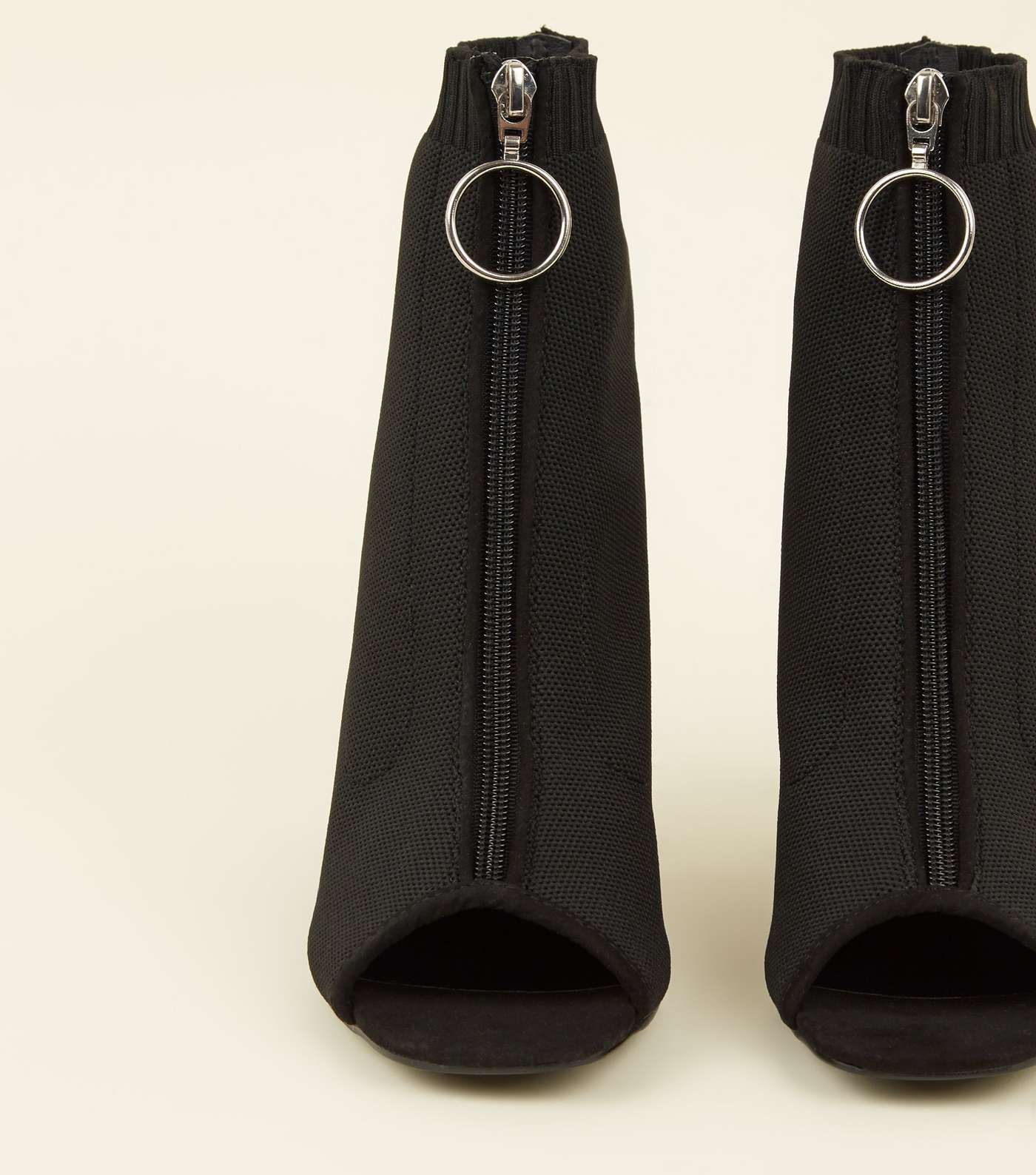 Black Knit Ring Zip Peep Toe Sock Boots Image 3