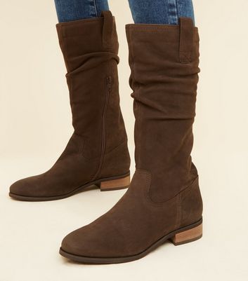 Brown Suede Flat Calf Boots New Look