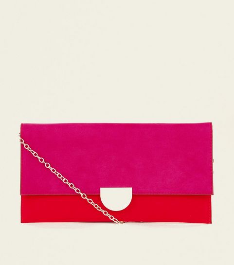 Clutch Bags Embellished Clutches New Look Red And Pink Colour Block Metal Detail Clutch