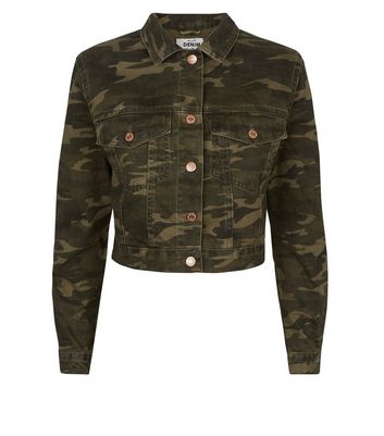 Khaki Camo Cropped Denim Jacket New Look