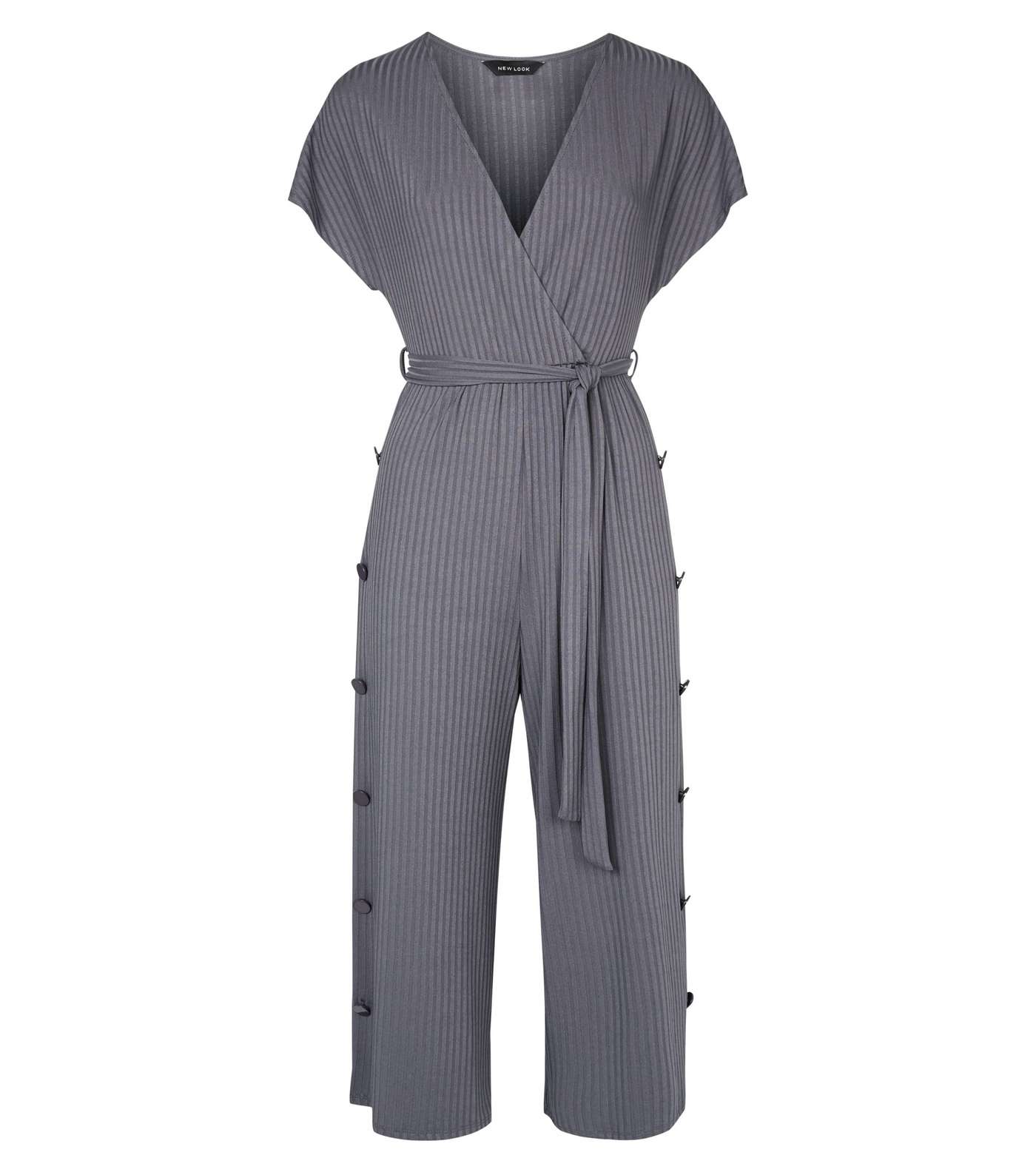 Grey Popper Side Ribbed Wrap Jumpsuit Image 4