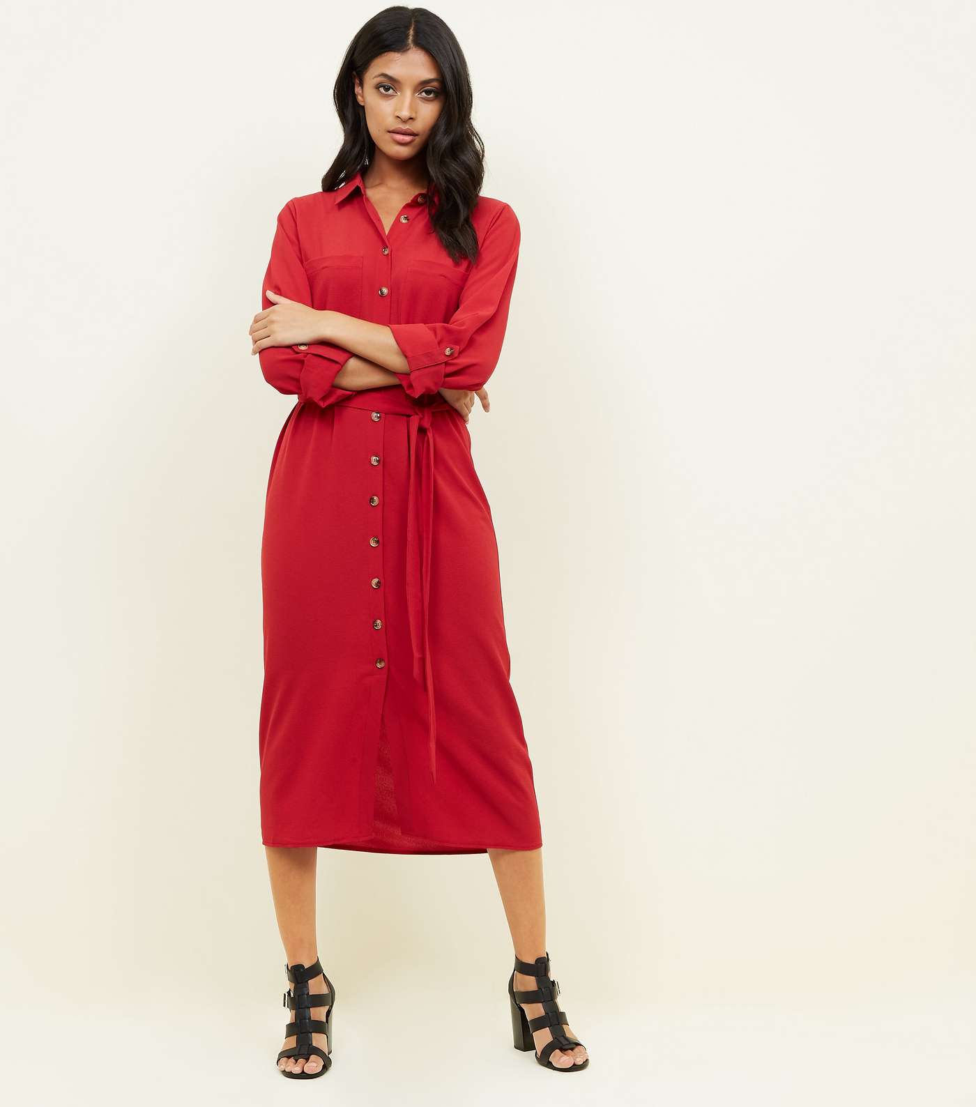 Red Long Sleeve Midi Shirt Dress Image 2