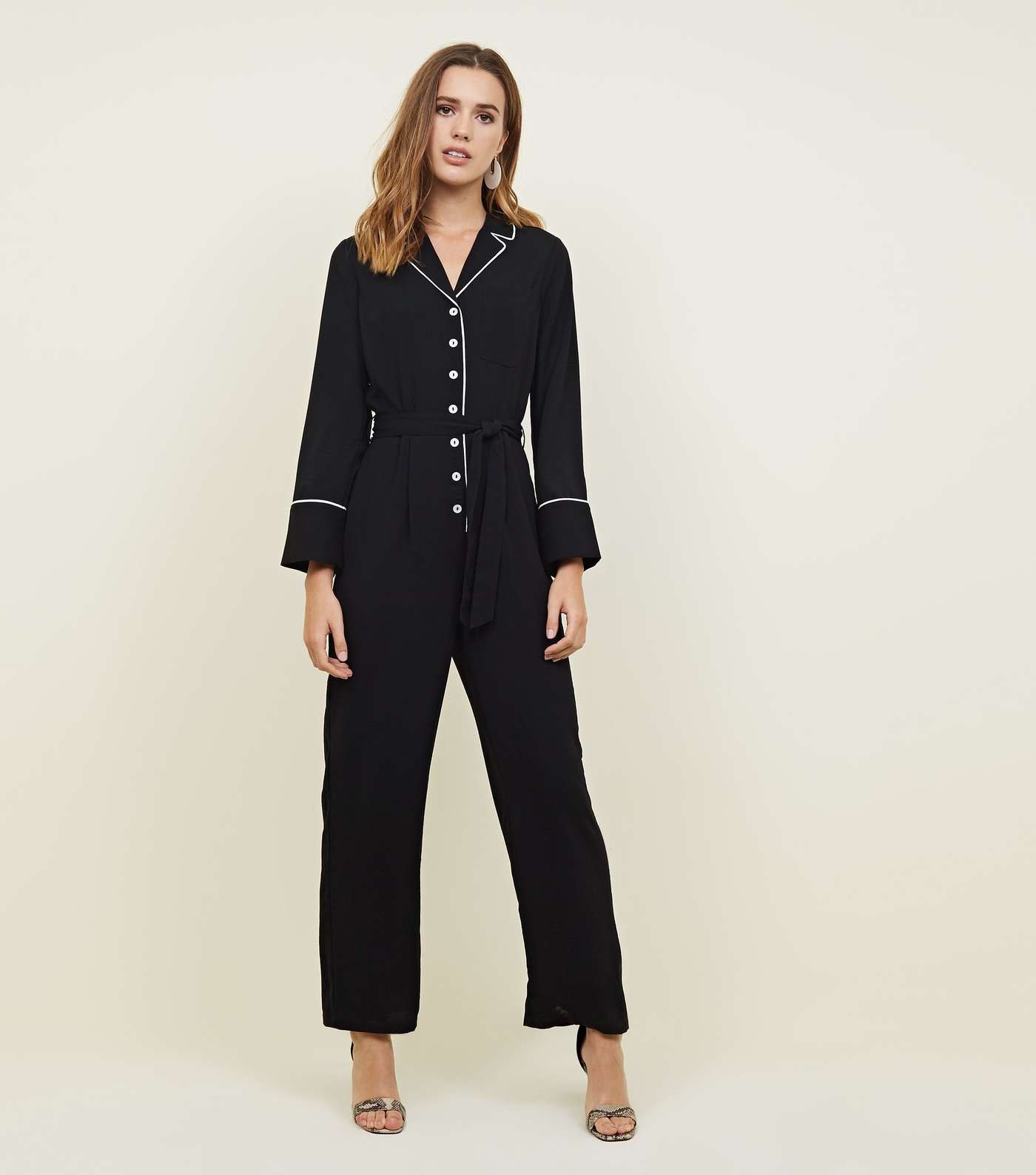 Black Contrast Piping Long Sleeve Belted Jumpsuit