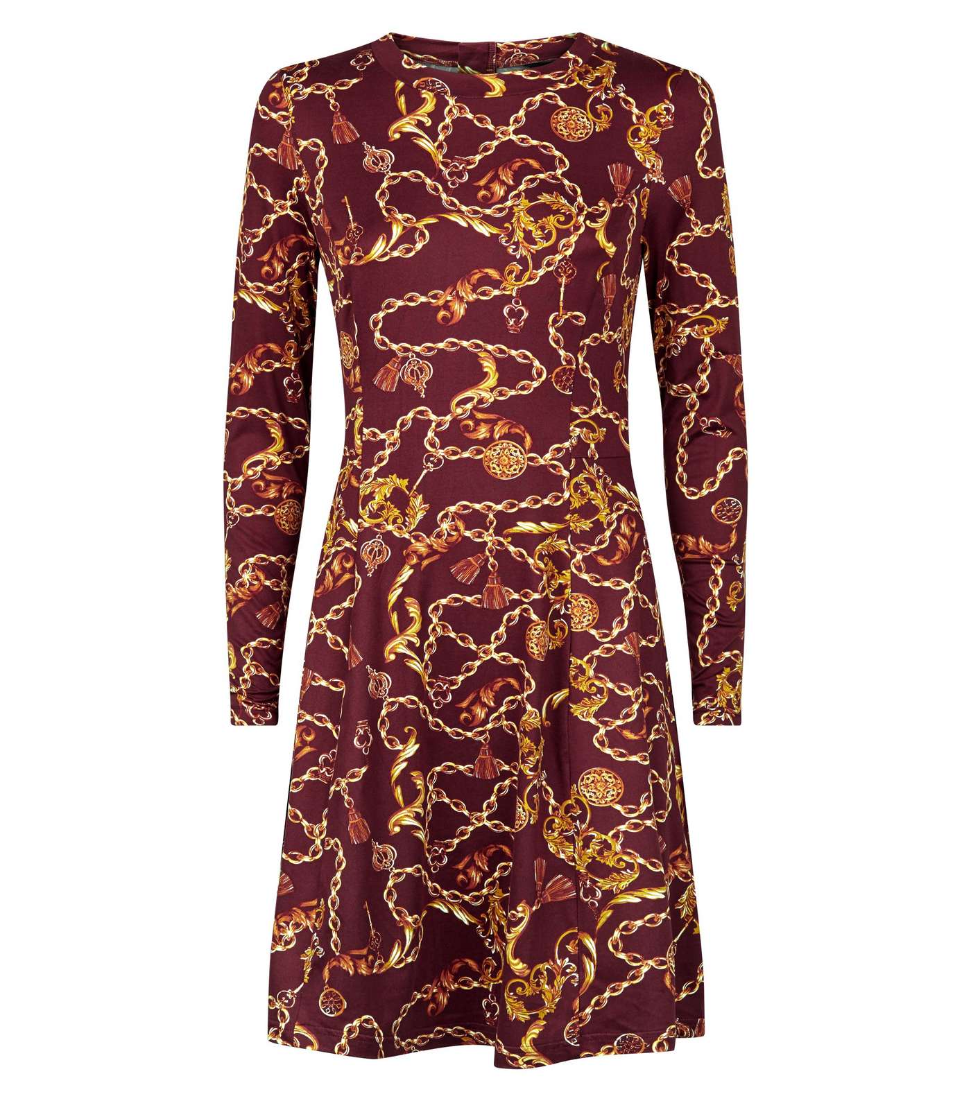 Red Chain Print Long Sleeve Tea Dress Image 4