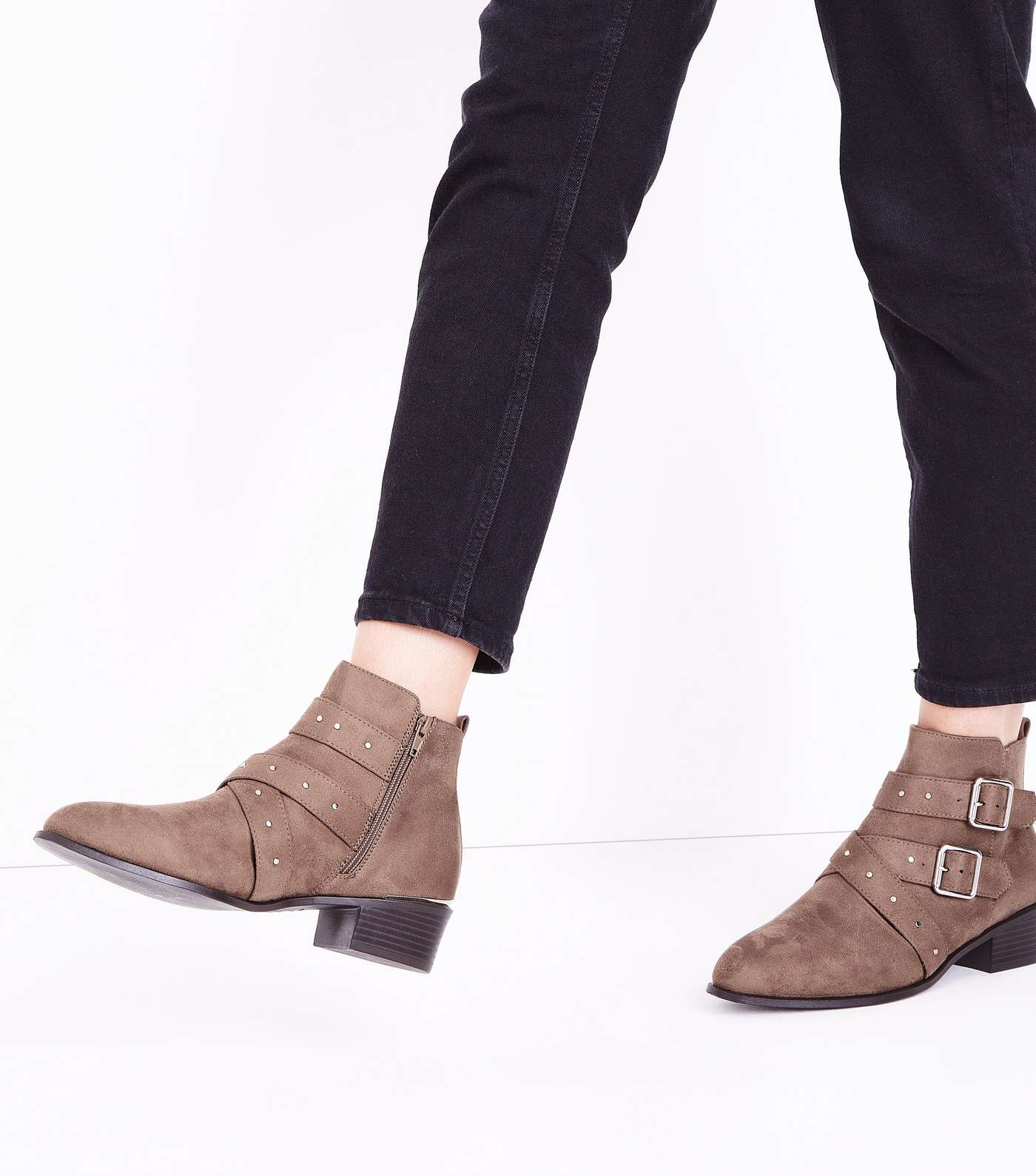 Wide Fit Light Brown Suedette Stud Strap Ankle Boots Image 2