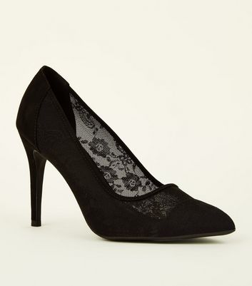 Black Lace Stiletto Heel Pointed Courts 