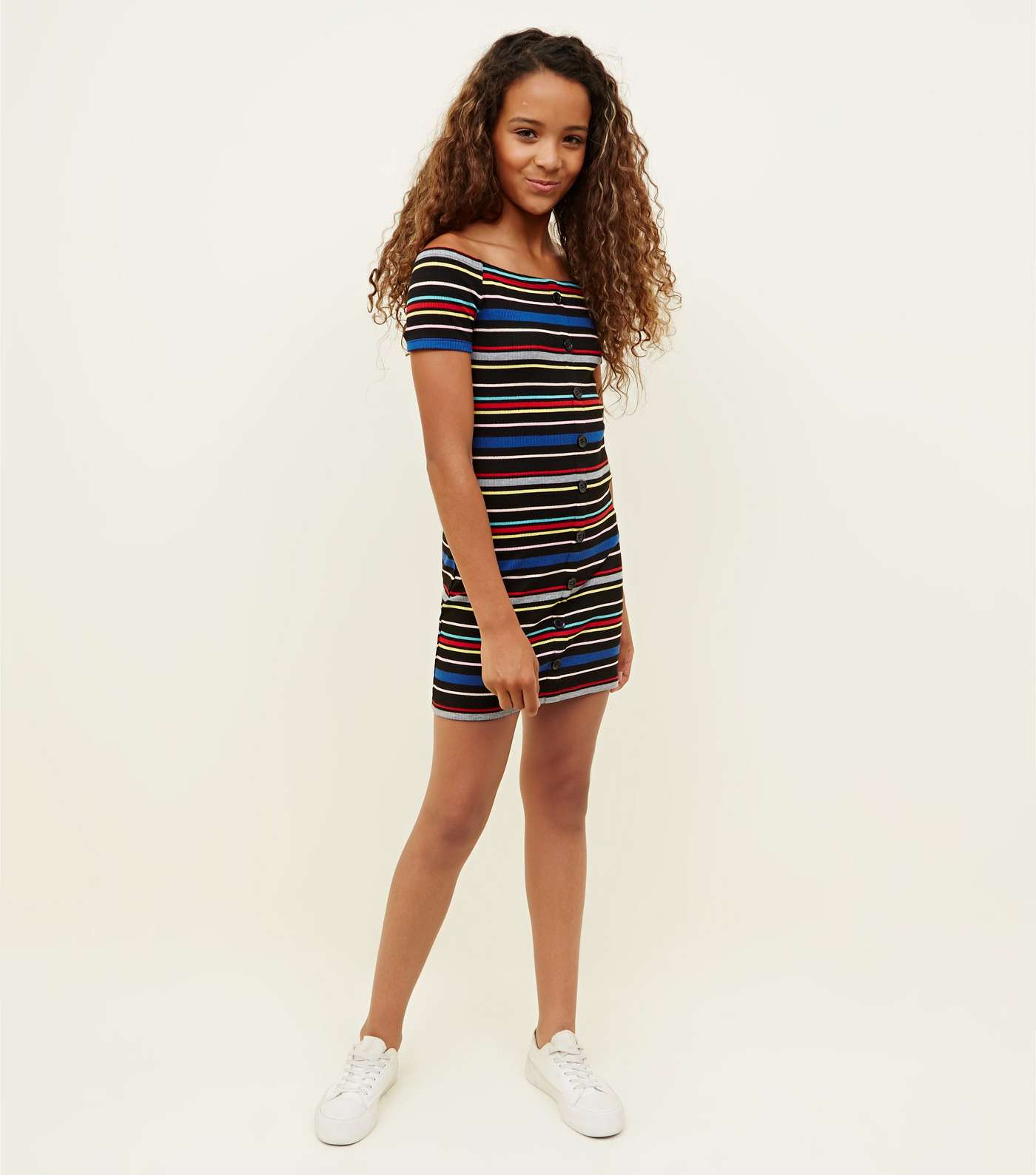 Girls Rainbow Stripe Button Front Bodycon Dress  Image 2