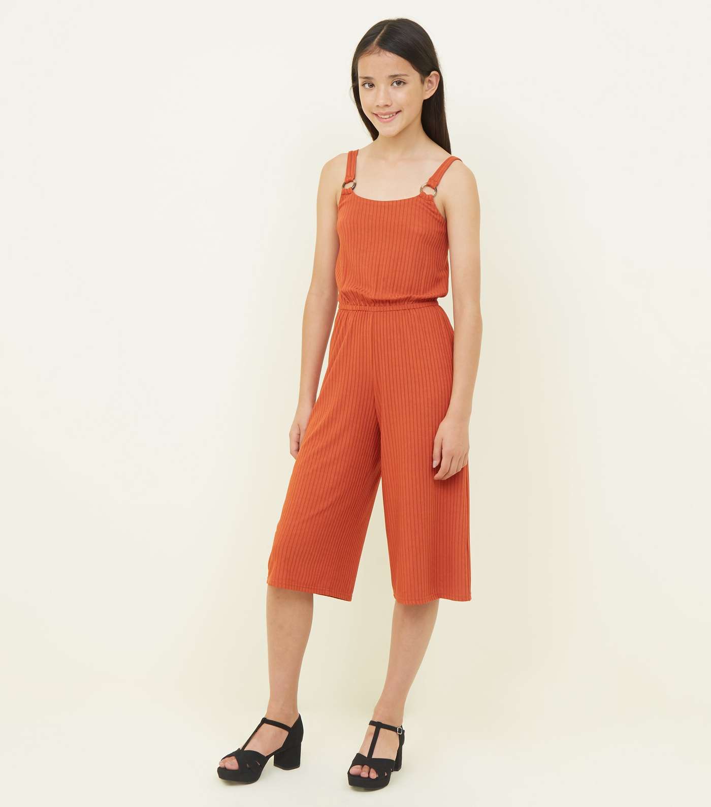 Girls Rust Ring Strap Ribbed Culotte Jumpsuit Image 2