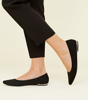 Black Suedette Metal Heel Pointed Ballet Pumps | New Look