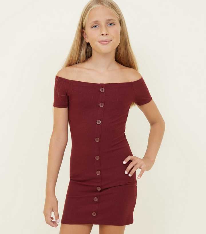 Girls Burgundy Ribbed Button Bodycon Dress 