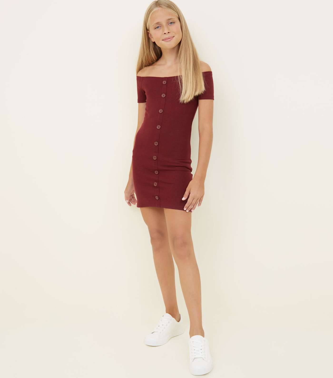 Girls Burgundy Ribbed Button Bodycon Dress  Image 2