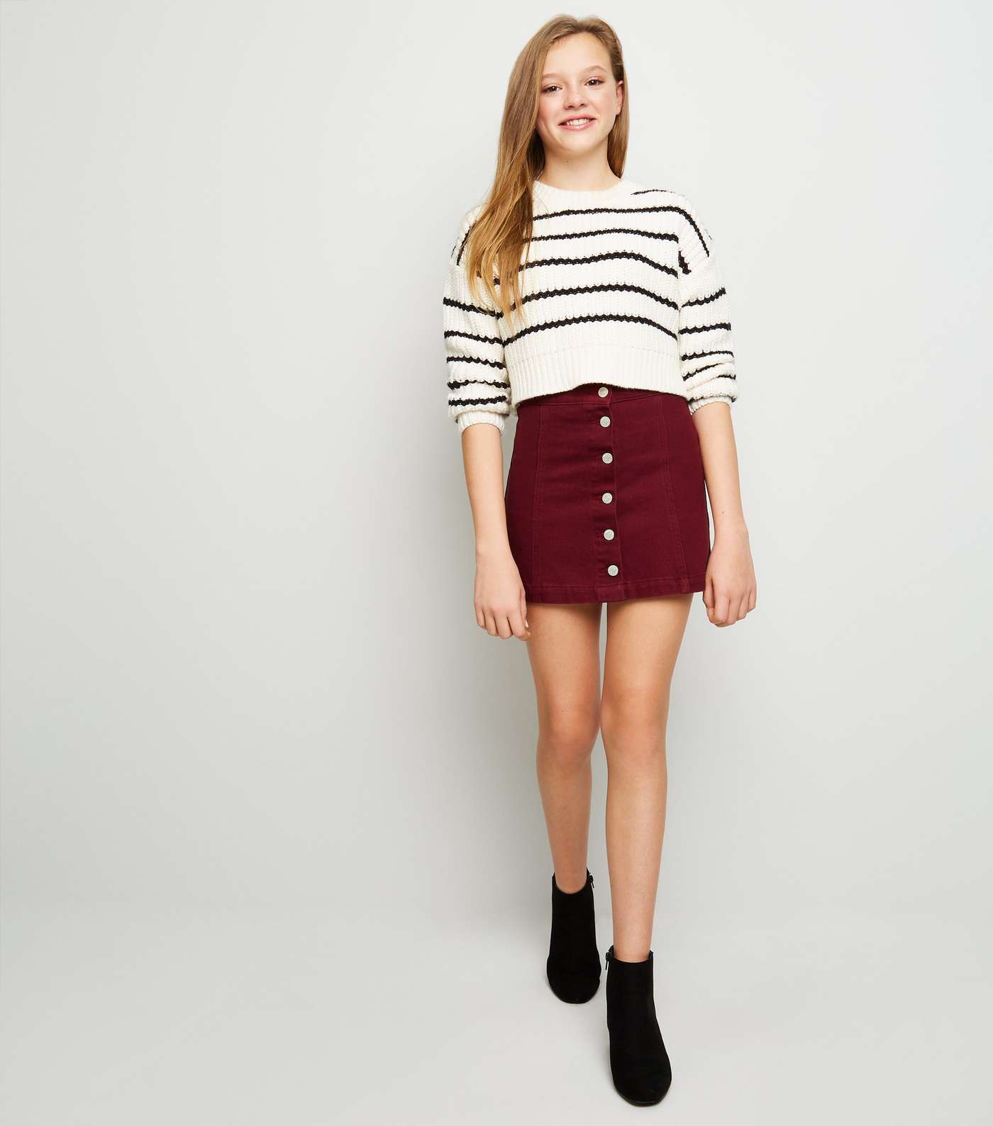 Girls Burgundy Denim Button Front Skirt  Image 2
