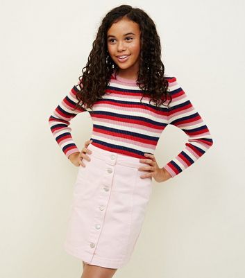 Girls Pale Pink Denim Button Front Skirt