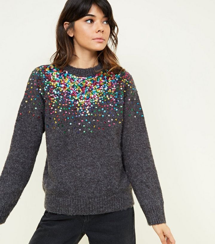 Dark Grey Sequin Crew Neck Jumper New Look