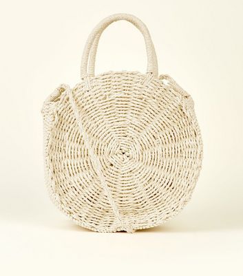 Grand sac rond cru en paille tress e New Look