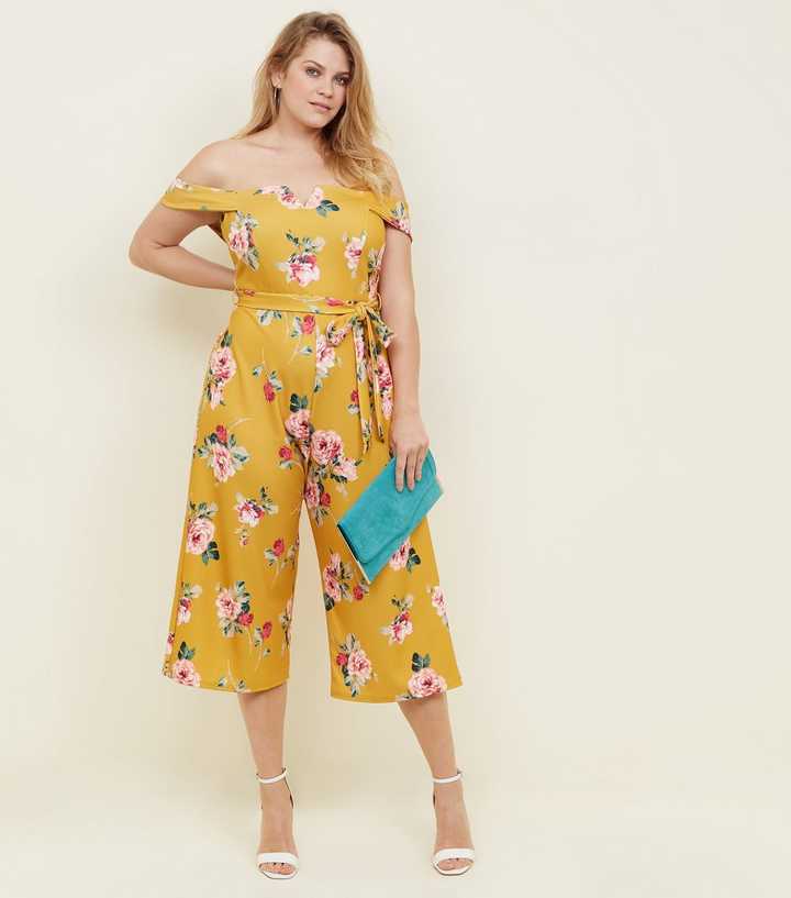 Curves Yellow Floral Bardot Culotte Jumpsuit