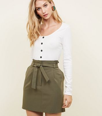 Khaki Tie Waist Paperbag Mini Skirt