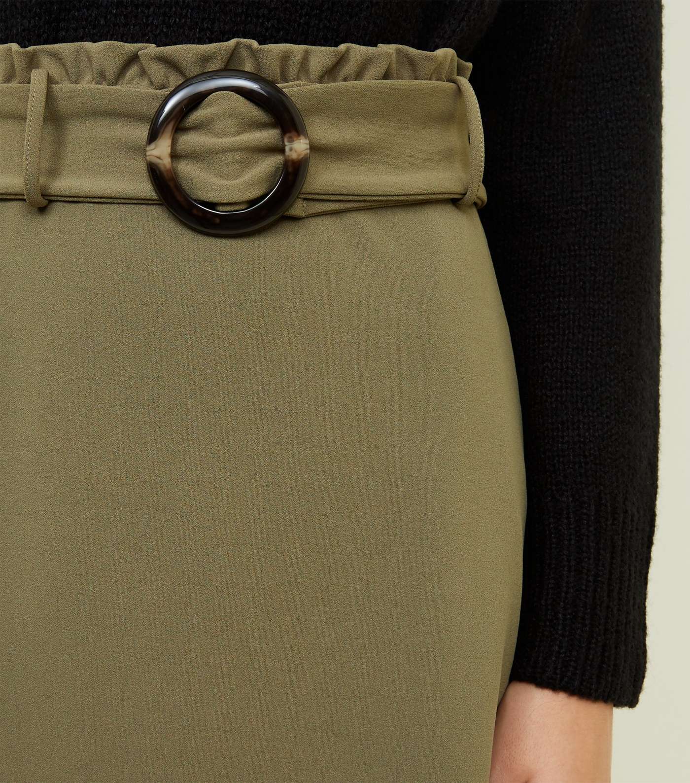Khaki Faux Horn Button Paperbag Waist Skirt Image 5