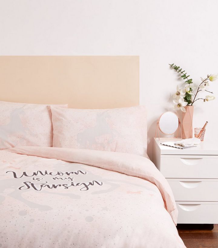 Pink Unicorn Slogan Cotton Double Duvet Set New Look