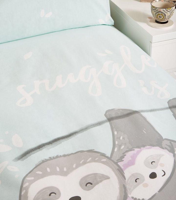 Green Sloth Slogan Cotton Single Duvet Set New Look