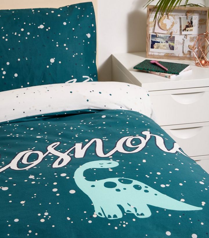 Blue Dinosaur Slogan Cotton Single Duvet Set New Look