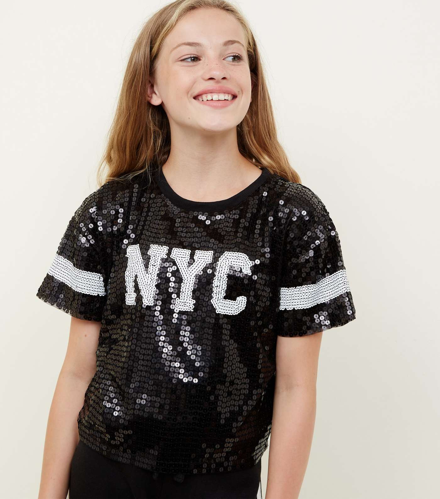 Girls Black Sequin New York Sleeve Stripe T-Shirt