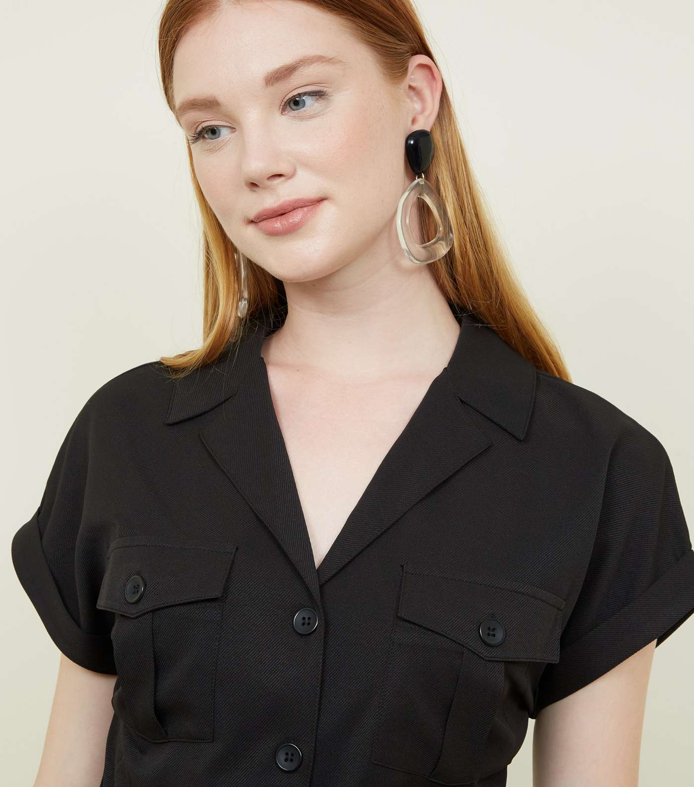 Black Twill Button Front Utility Jumpsuit  Image 2