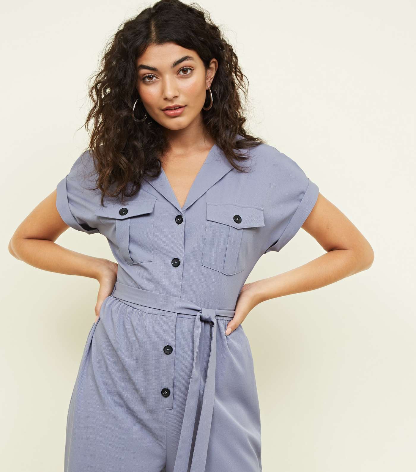 Grey Twill Button Front Utility Jumpsuit  Image 2