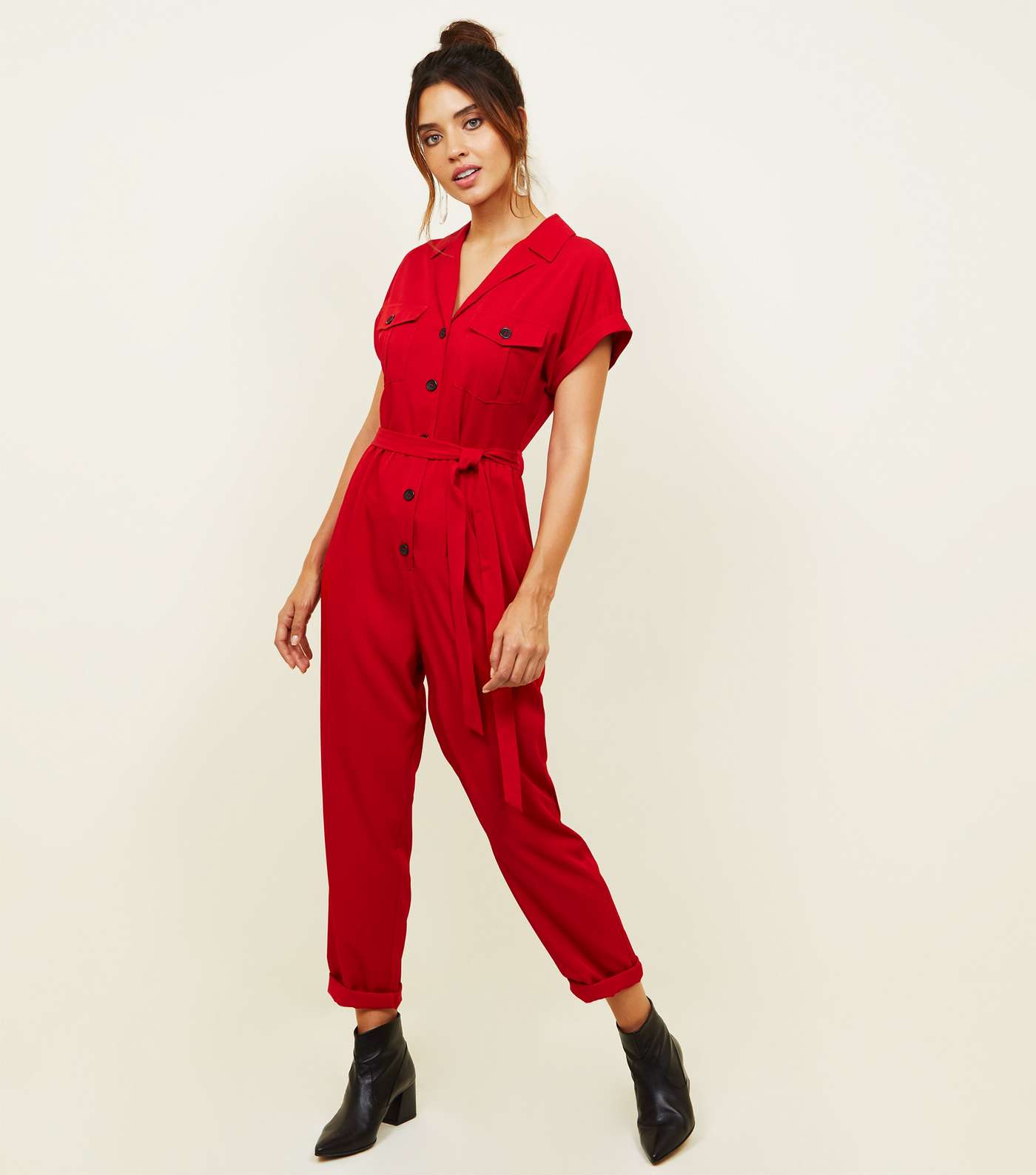 Red Twill Button Front Utility Jumpsuit 