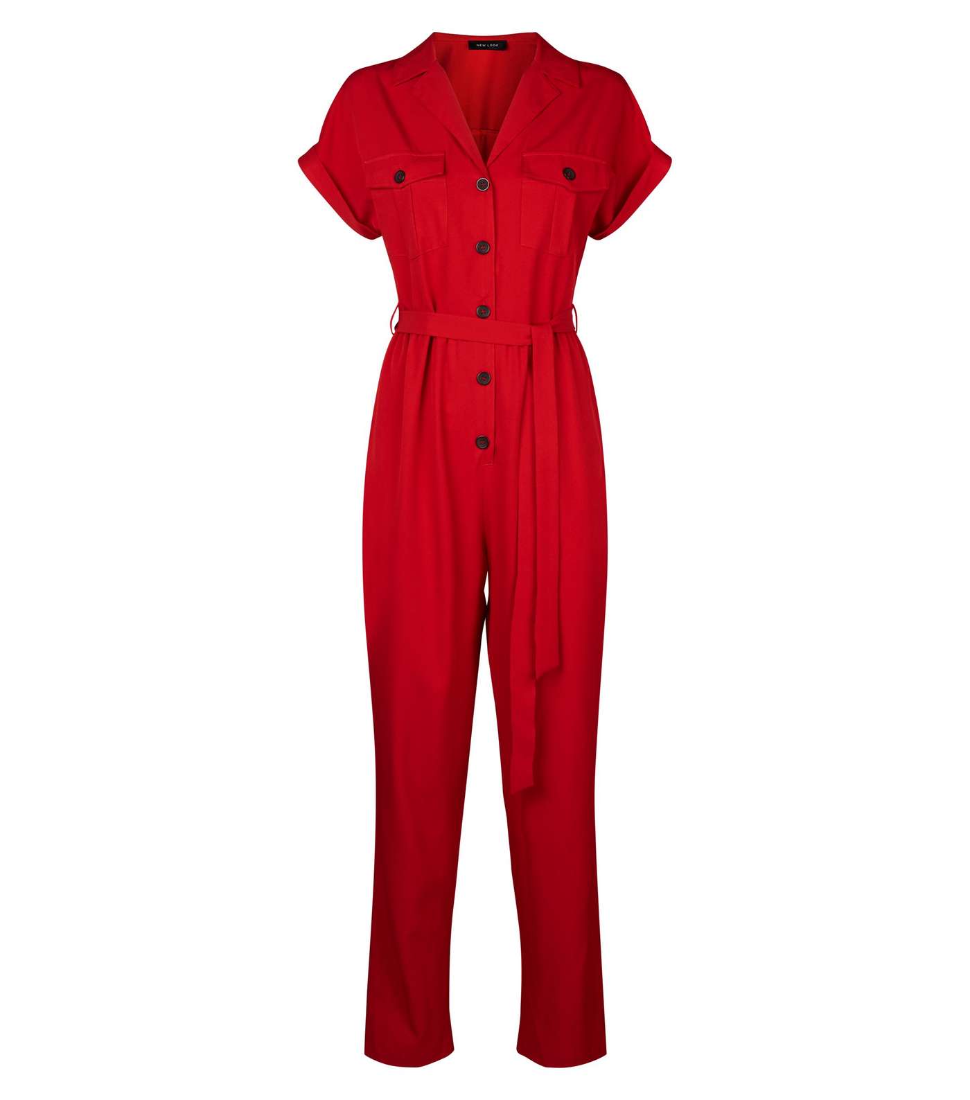 Red Twill Button Front Utility Jumpsuit  Image 3