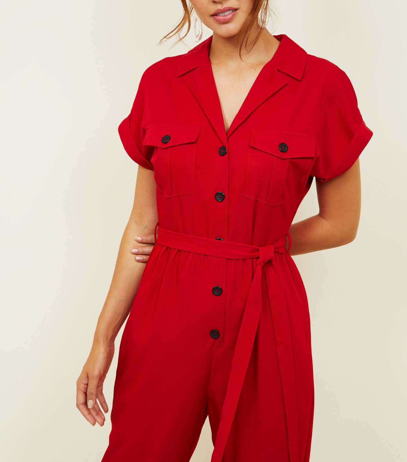 Red Twill Button Front Utility Jumpsuit  Image 5