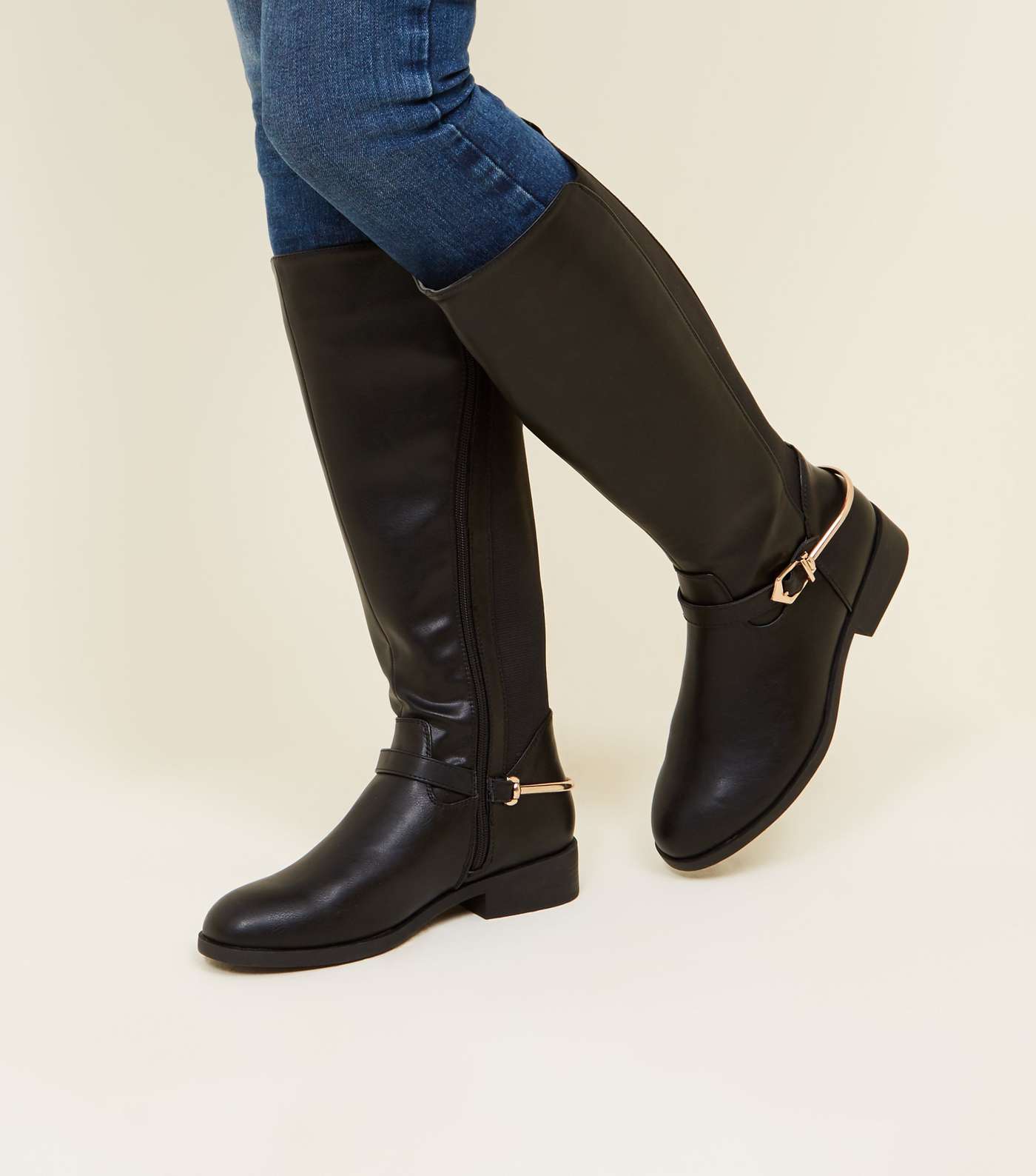Wide Fit Black Metal Stirrup Knee High Boots Image 2