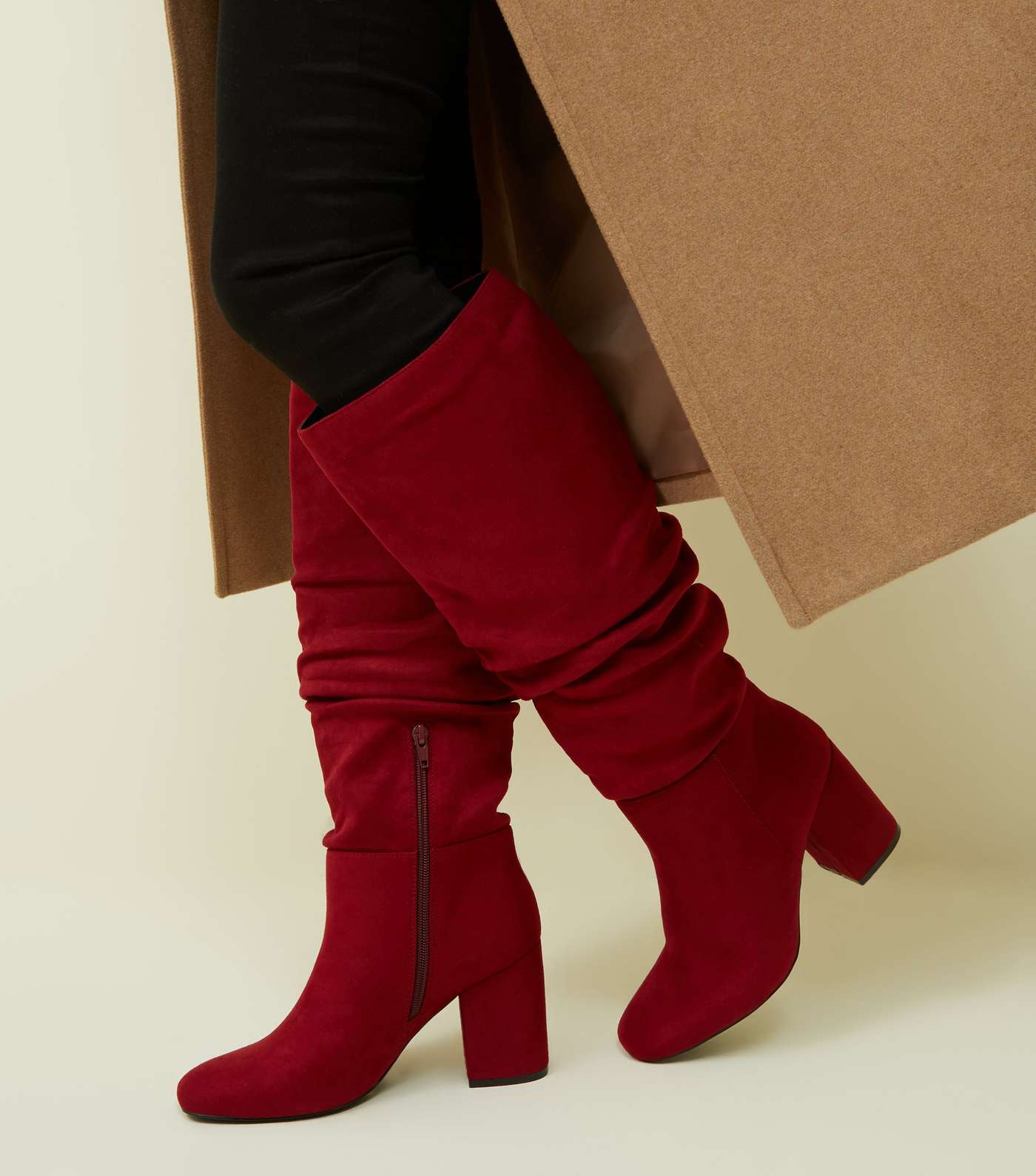 Wide Fit Red Ruched Block Heel Knee High Boots Image 2