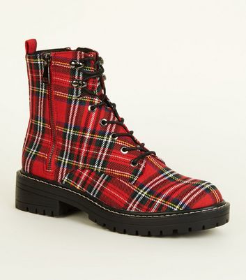 Red Tartan Lace-Up Hiker Boots | New Look