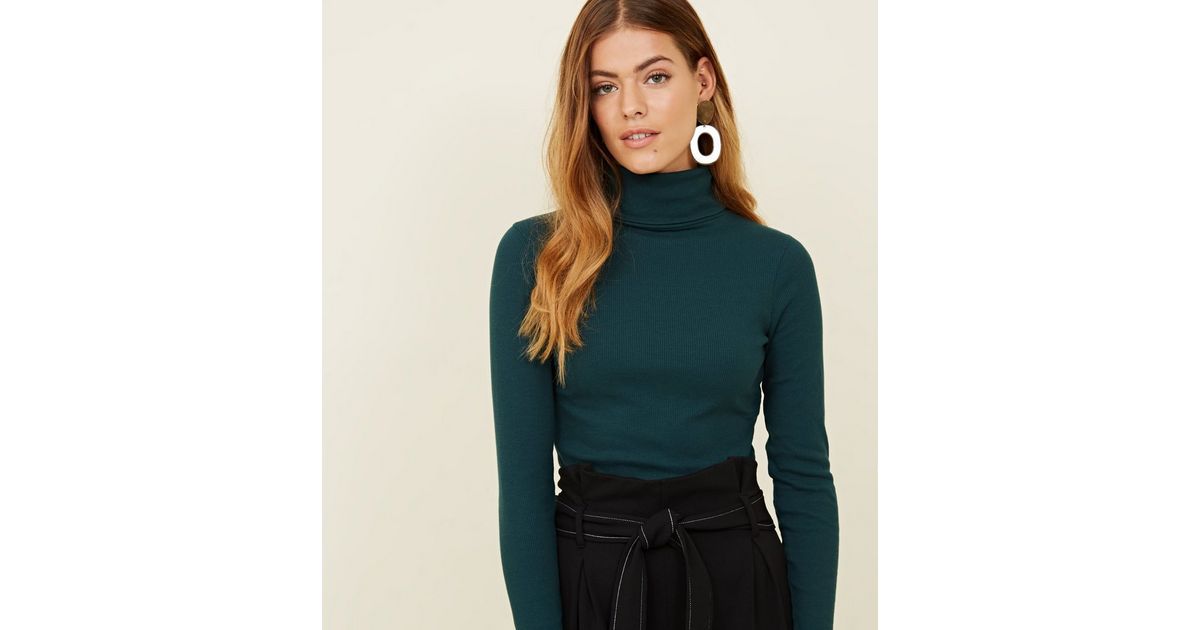 Petite Dark Green Roll Neck Long Sleeve Top | New Look