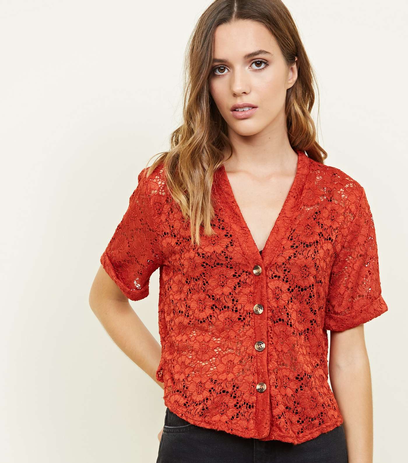 Rust Lace Button Front Boxy Shirt