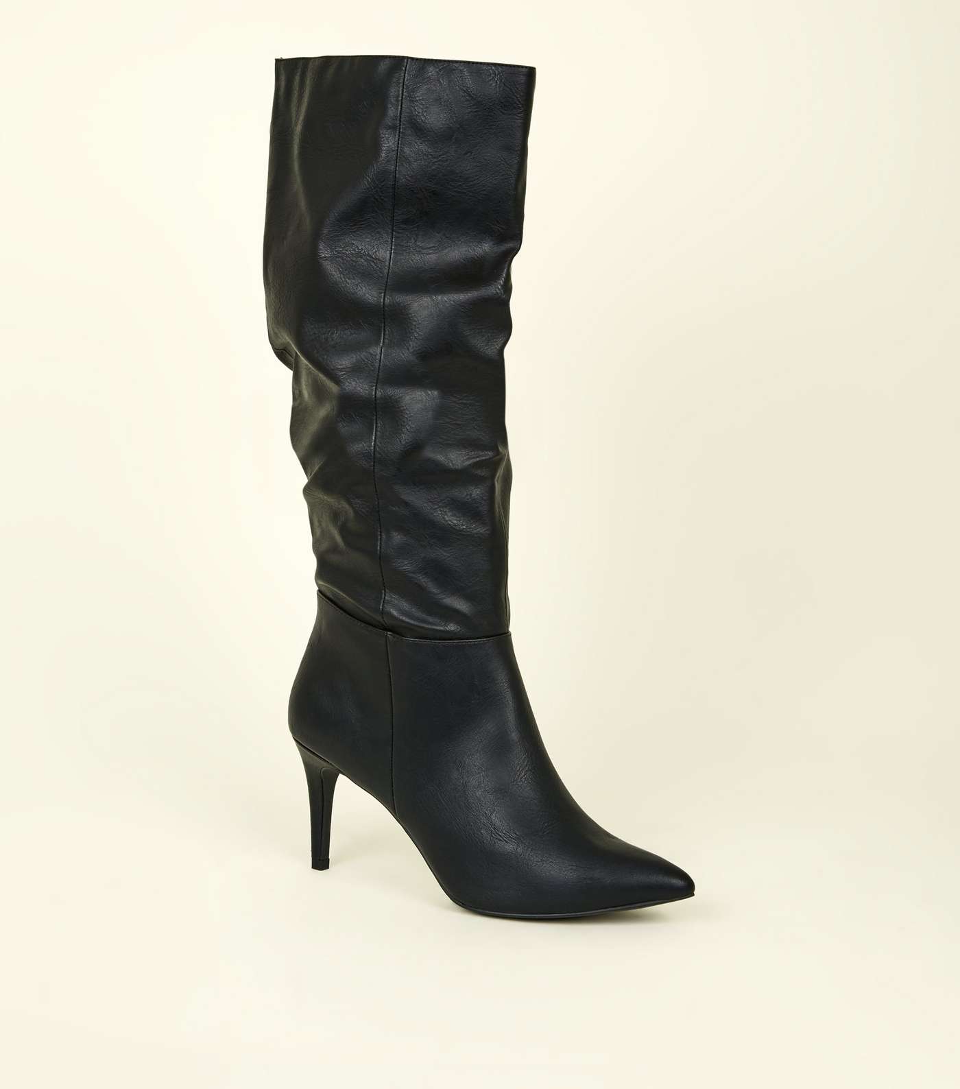 Black Leather-Look Knee High Stiletto Slouch Boots