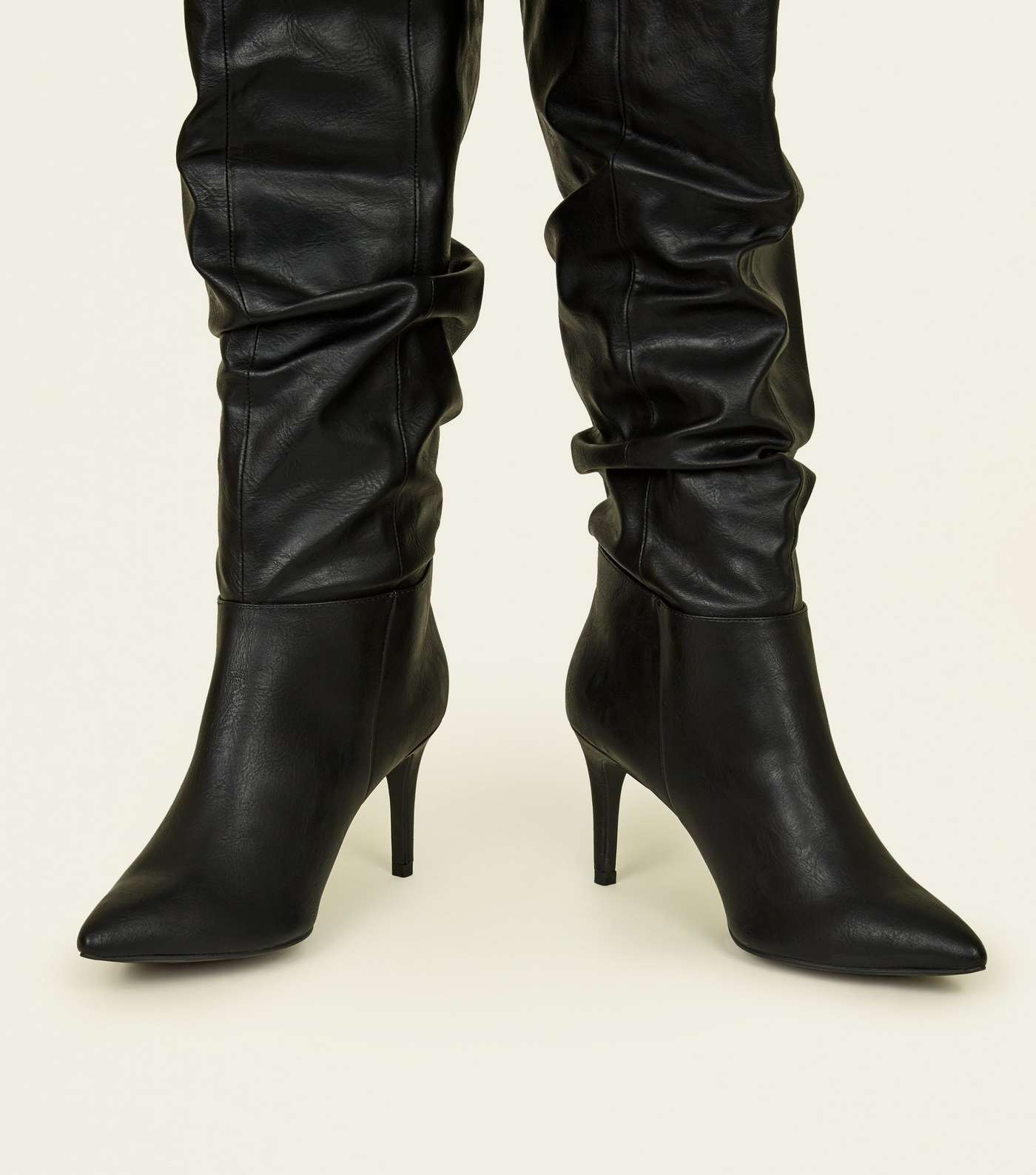 Black Leather-Look Knee High Stiletto Slouch Boots Image 3