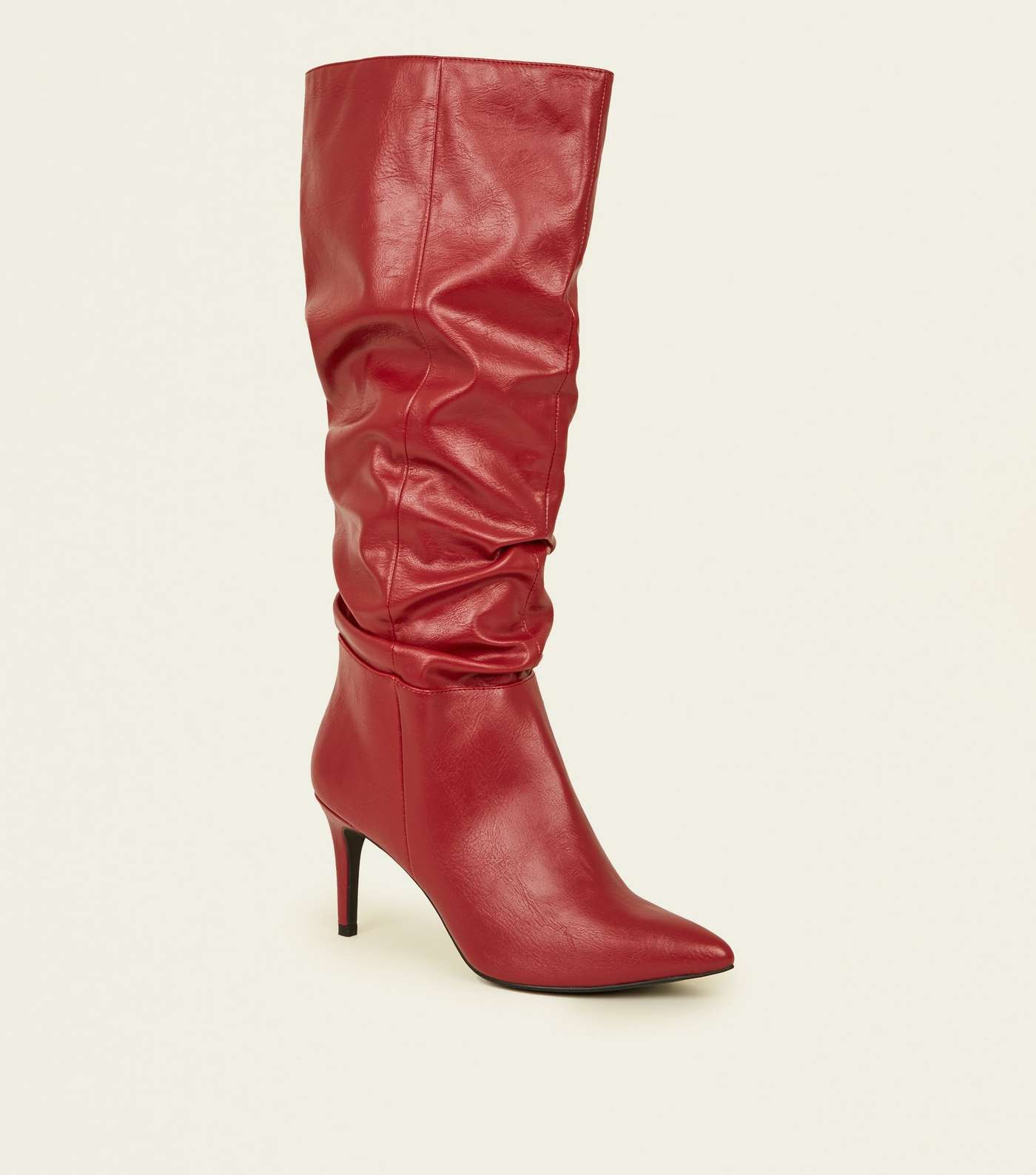Red Leather-Look Knee High Stiletto Slouch Boots