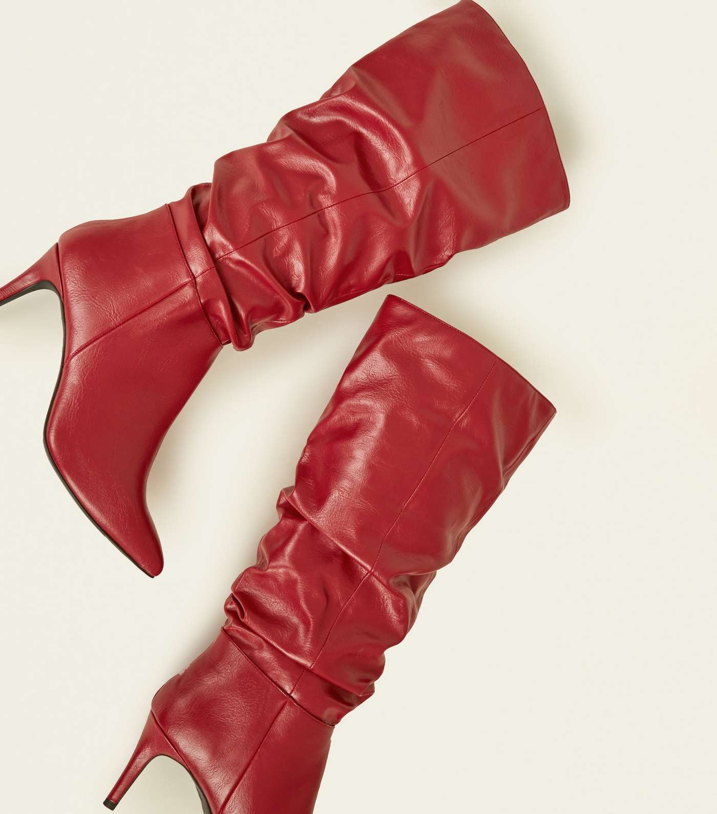 Red Leather-Look Knee High Stiletto Slouch Boots Image 3