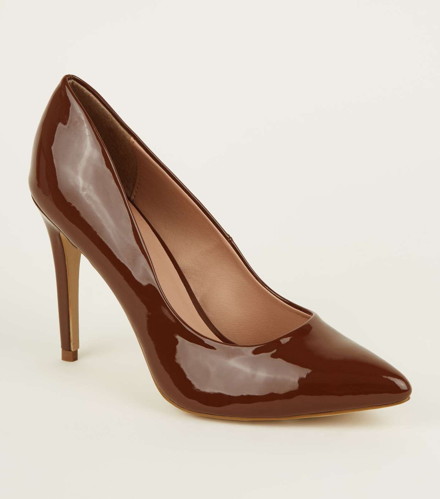 Mid Brown Patent Stiletto Heel Pointed Courts