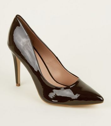 Dark Brown Patent Stiletto Heel Pointed Courts