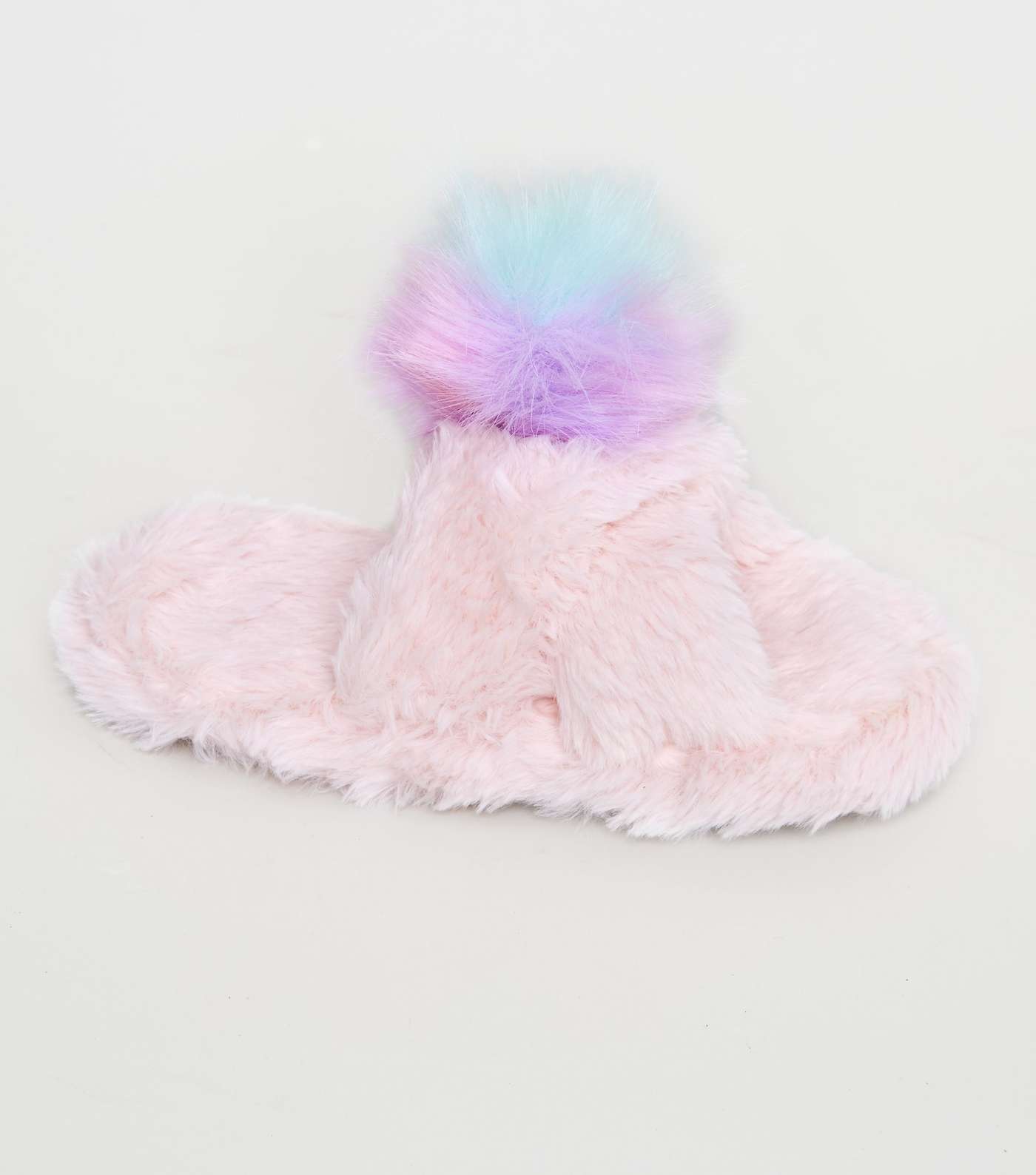 Girls Pink Fluffy Pom Pom Mule Slippers